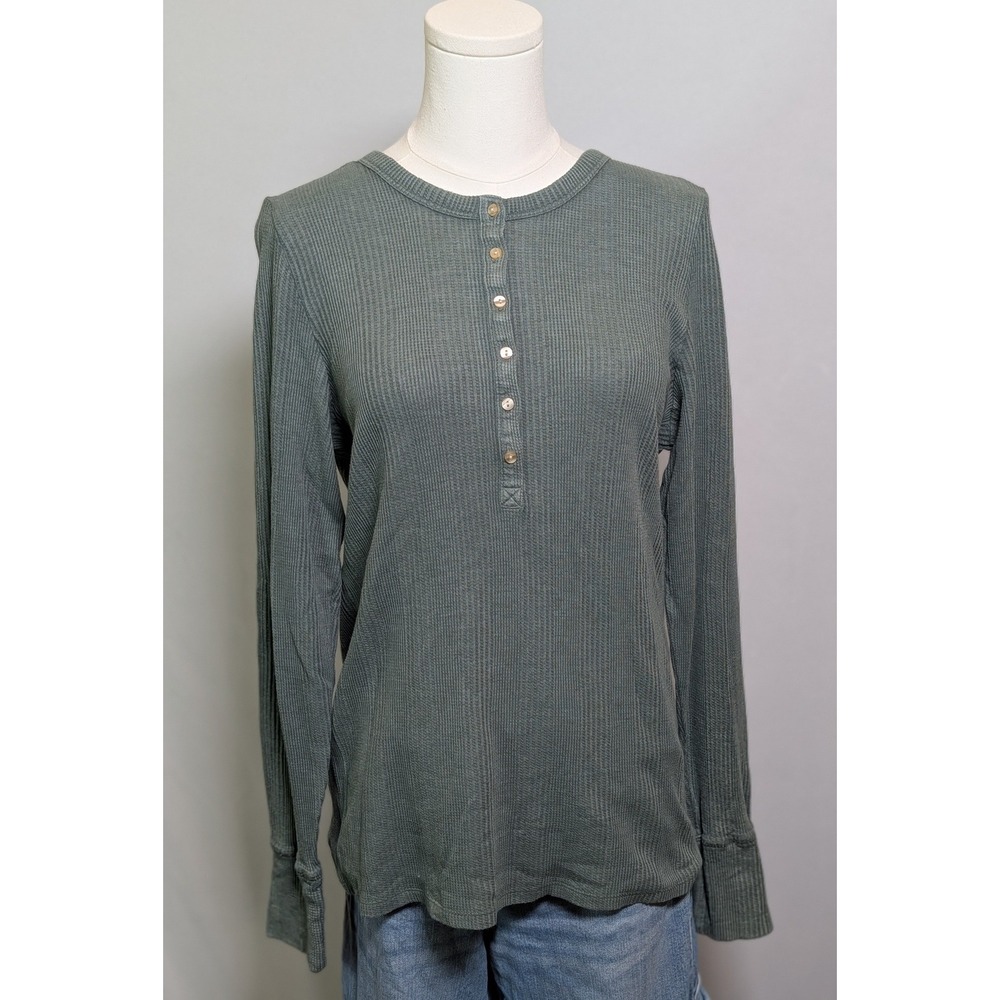 Aerie Womens Sage Green Waffle Knit Henley Top Long Sleeve Thermal Button Up